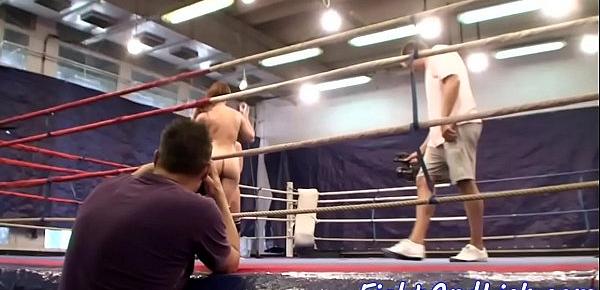  Lesbian babes wrestle in a boxing ring